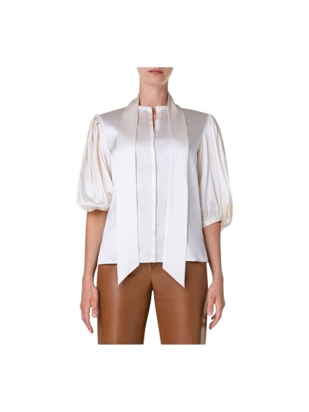 Akris Ecru Silk Puff Sleeve Blouse Size 10 NWT